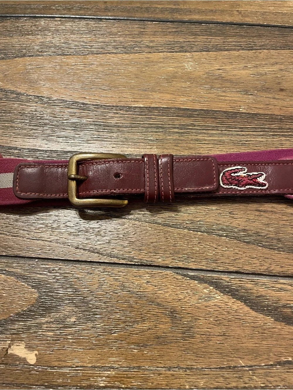 Vintage Lacoste Alligator Belt Men's Size 36/90 Brass Buckle Wine Khaki Stretch